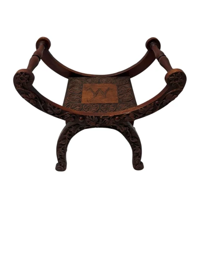 Art Nouveau Walnut Savonarola Hand-Carved Stool, 1900s